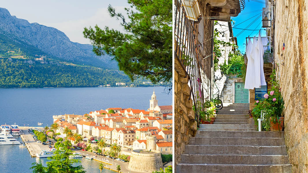 ön korcula med blommor och stad vid vattnet på kryssnig i kroatien